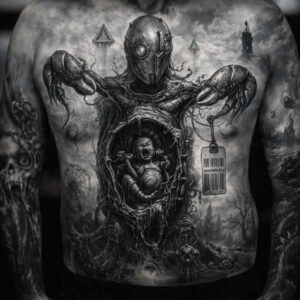 Back piece in black and grey showing a central heart motif with a face inside, surrounded by filigree and shadowy elements; AI-generated project idea; cover-up ready.
