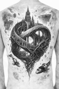 Black and grey tattoo on the chest showing a dragon coiling around a medieval castle tower; a project idea, highly suitable for cover-up.