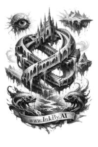 Dark geometric circle fortress tattoo design concept Castle-like fortress inside a circular ring with serpents and beasts in black and grey; AI-generated tattoo design concept, perfect for cover-up.