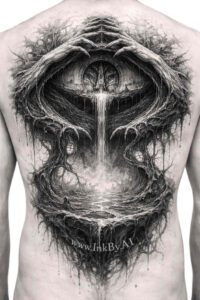 Black and grey tattoo project of a circular eye within a ring, with organic tendrils and roots flowing downward across the back.