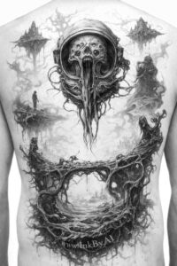 Black and grey project tattoo design featuring a hooded skull with a circular base and thorny tendrils; AI-generated concept, perfect cover-up.