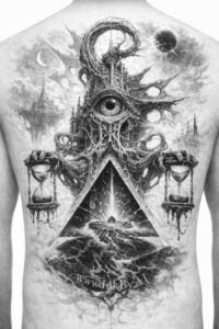 Black and grey cover-up-ready tattoo on the back: a bold geometric triangle with an eye inside, a horned demon above, lanterns at the sides, and smoky shading.