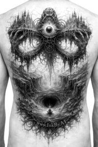 Black and grey tattoo design on the chest: a forest-inspired face formed by tangled branches with piercing eyes; AI-generated concept, project idea, cover-up ready.