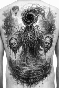 Black and grey tattoo project idea featuring a central spiral with forest and skulls; perfect for a cover-up.