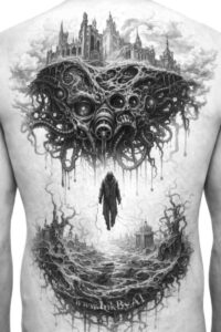 Black and grey tattoo design on back, project idea; AI-generated concept featuring a heart-masque, city skyline, hanging figure, and water reflection; perfect for cover-up.