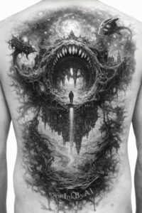Black and grey tattoo design on the back, features a demon maw above a vertical blade; AI-generated concept, ideal for cover-up.