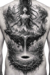 Back tattoo design in black and grey showing a surreal figure formed from branches with a dagger and a dark pool; AI-generated project idea suitable for cover-up.