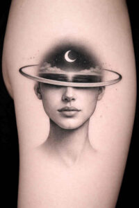 Black and grey tattoo concept of a woman's head with a Saturn-like ring around it; AI-generated project idea.