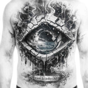 Eye with cracks around it and a starry cosmos inside, in black and grey realism; AI-generated project tattoo idea, cover-up suitable.