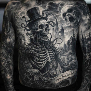 Black and grey tattoo of a skeleton in a top hat with a moon, cemetery backdrop, and banner scroll; AI-generated project idea; perfect for cover-up.