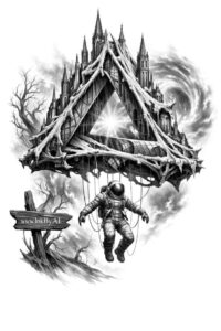Black and grey tattoo design concept of a Viking warrior beside a triangular hut among trees; project idea, AI-generated.
