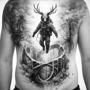 Cernunnos deer god tattoo design in surreal blackwork Black and grey tattoo design concept featuring a deer-headed god figure on the chest, with a geometric circular knot; AI-generated project idea, ideal for a cover-up.
