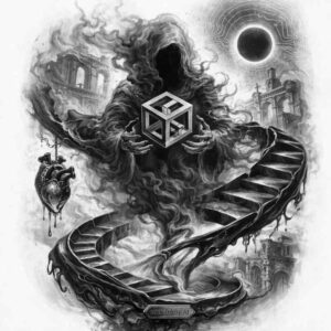 Black and grey project idea of a surreal stairway winding to a geometric cube under a shadowed eclipse, perfect for cover-up.