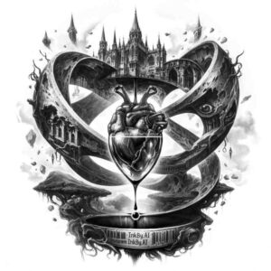 Cover-Up Ready Black & Grey Heart Dagger Tattoo Design Black and grey tattoo design concept of a heart pierced by a dagger with a gothic castle backdrop, project idea, cover-up ready.