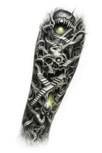 Forearm biomechanical skull with gears and cables in black and grey; AI-generated tattoo design idea, project concept, perfect for cover-up.