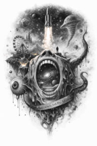 Monstrous Surreal Mouth Tattoo Design with Tentacles This black and grey tattoo idea depicts a monstrous screaming mouth with coiling tentacles and a tall tower behind, rendered in grayscale as an AI-generated concept, cover-up ready.