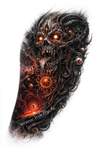 Demon beast with gears, flames, and smoke on a dark upper arm, in black and orange ink; AI-generated project idea; suitable for cover-up.