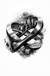 Tattoo design: black and grey heart with cityscape Heart-shaped ribbon surrounding a grayscale cityscape in black and grey, concept tattoo design, project idea.