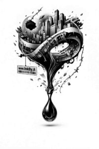 Black and grey tattoo design featuring an eye circle with dripping ink, abstract splashes and edges; AI-generated project concept, cover-up suitable.