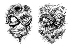 Two black and grey surreal eye-mosaic tattoo idea with a central eye and surrounding shapes; project concept for future tattoo.