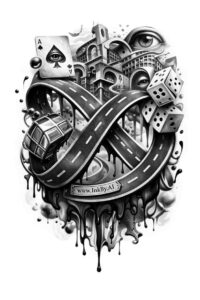 Circle-based geometric tattoo design in black and grey featuring cathedral motif, ribbon, dice, spade, and gear; AI-generated concept with cover-up potential.