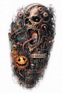 Biomechanical skull tattoo design with pumpkin cover-up This AI-generated tattoo design shows a black and grey biomechanical skull fused with gears and tubes, a carved pumpkin; concept project, perfect for a cover-up.