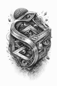 Geometric cube with eyes wrapped by a grayscale ribbon; AI-generated tattoo concept, cover-up suitable.