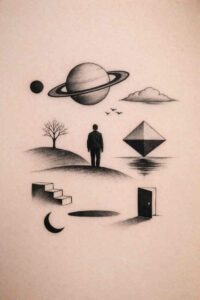 Black and grey surreal tattoo design: a ringed planet, a lone figure beside a tree, a diamond prism, and a crescent moon in a minimalist composition; a project idea for a tattoo.