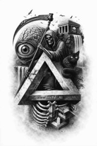 Black and grey tattoo concept; geometric triangle over a surreal mechanical collage with gear, eye, and architecture; AI-generated idea, suitable for cover-up.