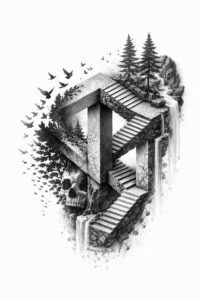 Black and grey geometric staircase letter tattoo concept with trees; AI-generated project idea, perfect for cover-up.