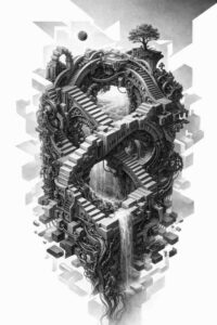 A black and grey tattoo design idea featuring an ornamental symmetry with intertwined serpent shapes and floral motifs, AI-generated concept, suitable for cover-up.