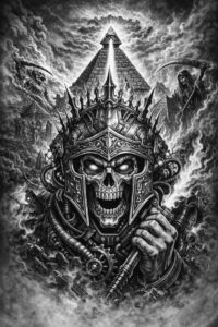 Black and grey tattoo design of a Viking helmet with horns and a stern face, high-contrast shading; this is a project concept, perfect for cover-up.