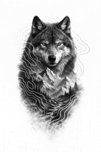 Wolf head in black and grey with fine line shading; AI-generated tattoo idea.