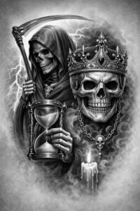 Grim reaper with hooded figure, hourglass, crowned skull, scythe and candle in black and grey; AI-generated tattoo design idea, project concept, perfect for cover-up.
