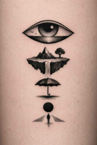 Eye above a floating island with a mountain and a bottom dot, in black and grey; AI-generated project idea, cover-up-ready.