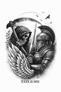 Black and grey tattoo design of two knights in armor inside a circular frame; AI-generated concept, cover-up ready.