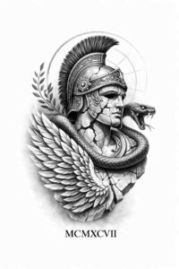 Bust of a winged-helmeted ancient warrior in grayscale with laurel and numerals; black and grey concept tattoo idea.