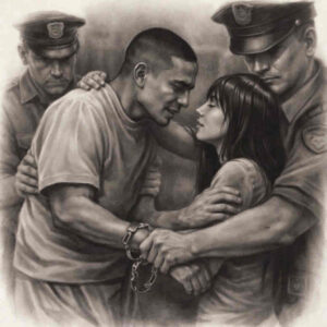 Dark grayscale tattoo design of a man and woman restrained by uniformed soldiers; black and grey; concept idea.