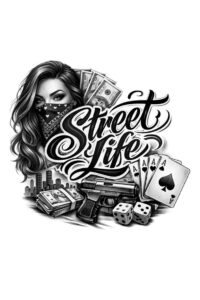 Portrait of a woman surrounded by playing cards, dice and cash in black and grey; AI-generated tattoo concept for a street life sleeve idea.