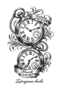 Pocket watch tattoo design in black and grey with ornate scrollwork and banners; project idea.