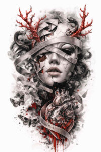 Surreal blindfold coral antlers tattoo design artwork Color tattoo design of a grayscale female portrait wearing a blindfold, with red coral antlers and ribbons; AI-generated concept.