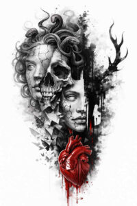 Skull on the left merged with a woman's face on the right, framed by dark branches; black and grey tattoo concept, AI-generated, perfect for cover-up as a project idea.