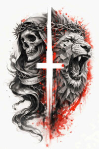 Skull and wolf head with a central white cross, rendered in black and grey shading with a red splash; AI-generated project—cover-up ready.