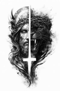 Jesus and Wolf Split Cross Tattoo Design in Blackwork Jesus and wolf split cross tattoo in black and grey; AI-generated concept, project idea, suitable for cover-up.
