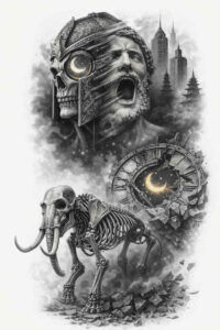 Biomechanical gargoyle portrait tattoo design with gears Black and grey tattoo design featuring a biomechanical gargoyle portrait with gears and smoky background; AI-generated project idea.