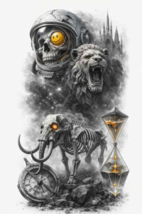 Color tattoo concept featuring a surreal biomechanical skull and a glowing yellow eye, beast head silhouette, gears, and an hourglass; AI-generated concept; cover-up ready.