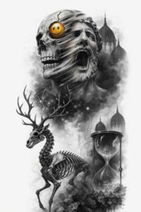 Skull Deer Castle Black Grey Tattoo Design-cover-up-ready Black and grey tattoo concept of a skull-faced figure above a deer with a distant castle, all in shaded realism; AI-generated project; cover-up-ready.