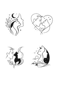 Four minimalist black-line sketches: a woman profile with moon and foliage; two faces in profile facing each other; a silhouette; and an abstract crescent motif.