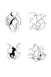 Animal silhouettes with moon and branches in fine line tattoo design, black and grey, AI-generated idea.