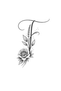 Ornamental black and grey tattoo design of a stylized letter with vines and a rose, presented as a project/idea.